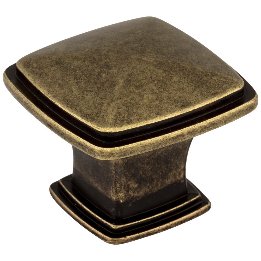 1-1/4" Overall Length Lightly Distressed Antique Brass Square Milan 1 Cabinet Knob