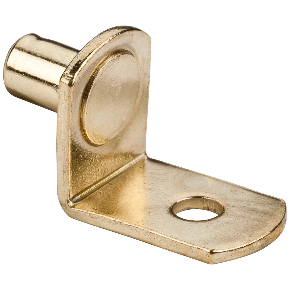 Polished Brass 1/4" Pin Angled Shelf Support with 3/4" Arm and Hole for 1/8" Fasteners  - Priced and Sold by the Thousand. Order 1 for 1,000 Pieces