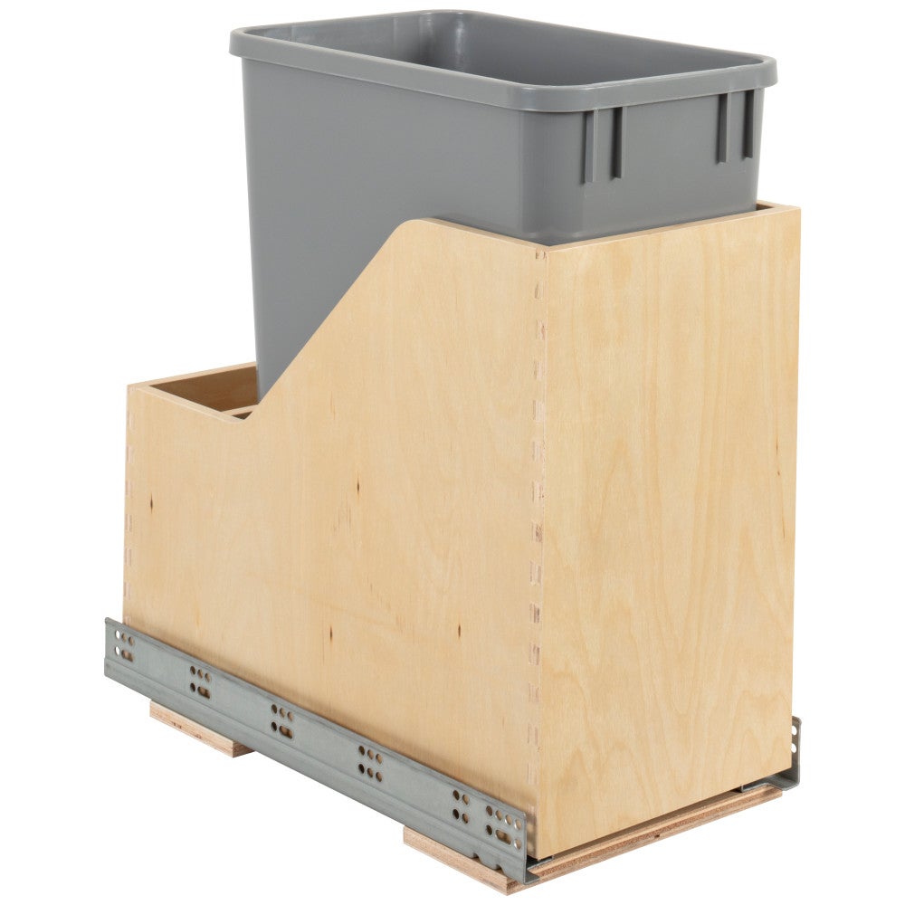 Single 35 Quart Wood Bottom-Mount Soft-close Vanity Trashcan Rollout for Hinged Doors, Includes One Grey Can
