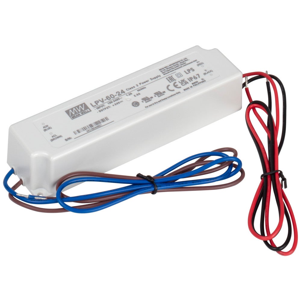 60 Watt 24V 2.5A Hardwired IP67 Waterproof Power Supply